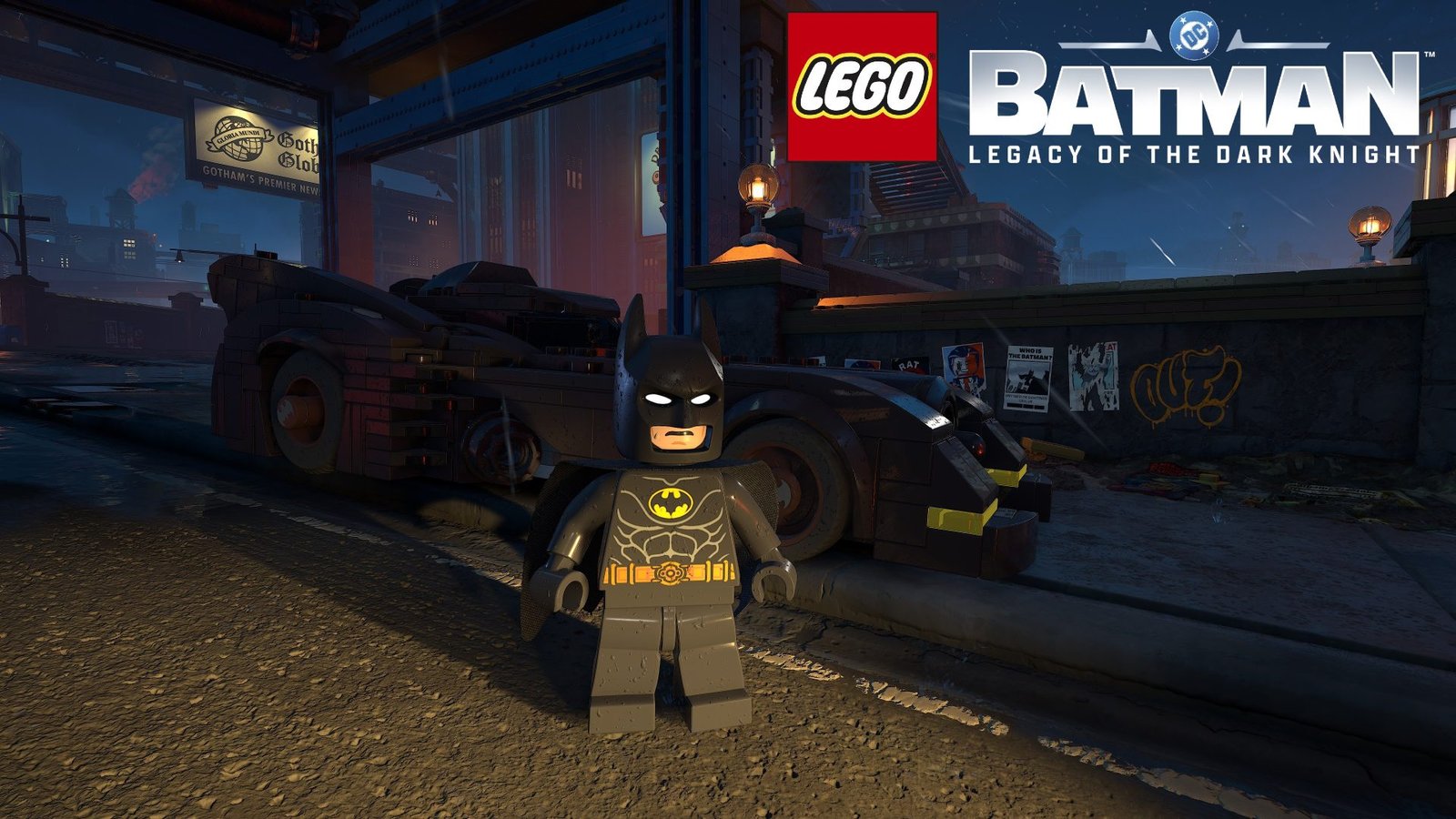 LEGO Batman: Legacy of the Dark Knight gameplay screenshot, featuring Batman and the Joker in a colourful and action-packed scene, with a focus on earning Studs and mastering the Combo Multiplier in the UK