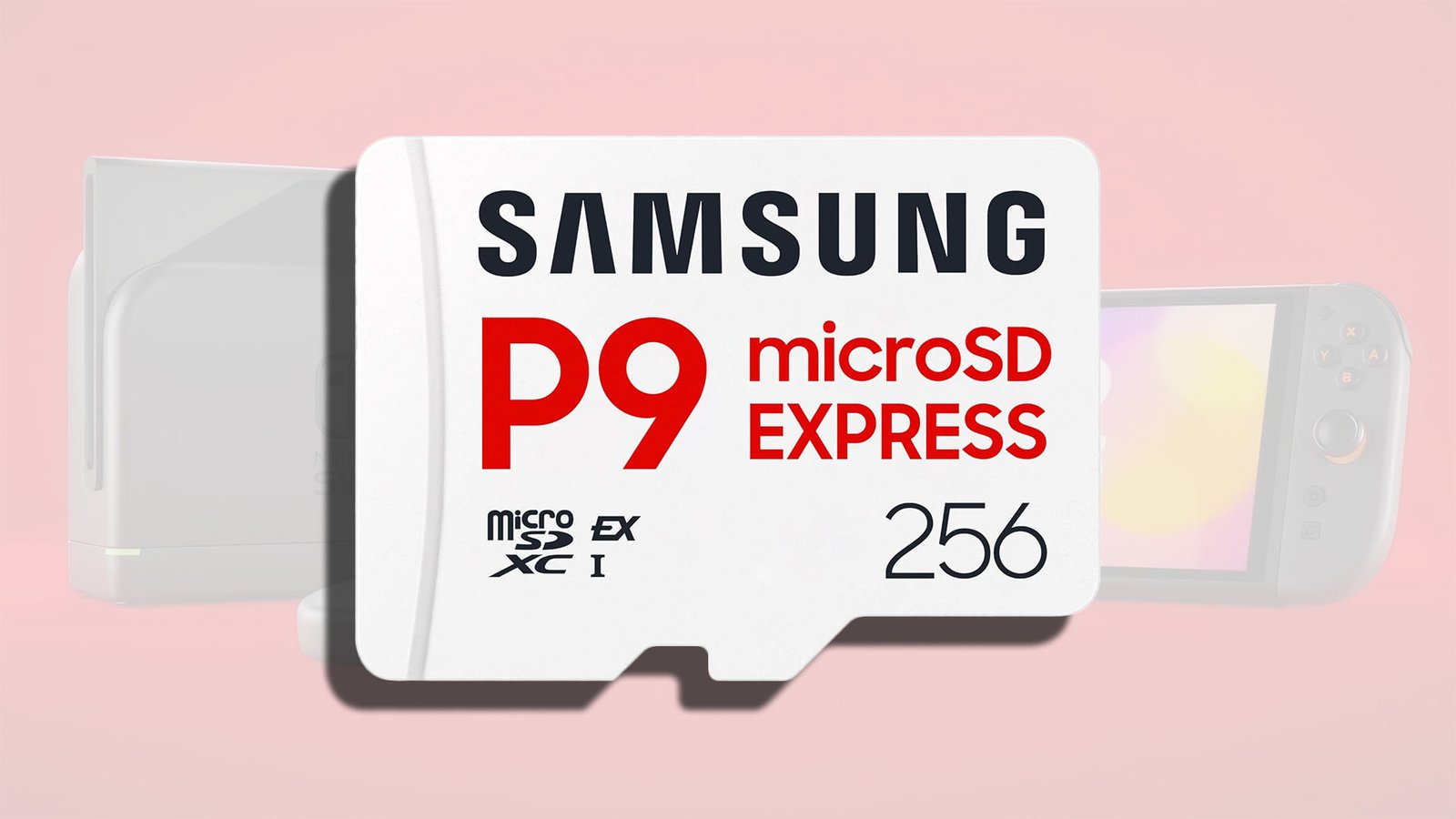 A close-up of the Samsung 256GB P9 Express microSD Card, with the Nintendo Switch 2 console in the background. The microSD card is designed to deliver exceptional performance and reliability, making it the perfect storage upgrade for your console. With its blazing-fast speeds and comprehensive protections, you can enjoy unlimited gaming and entertainment possibilities.