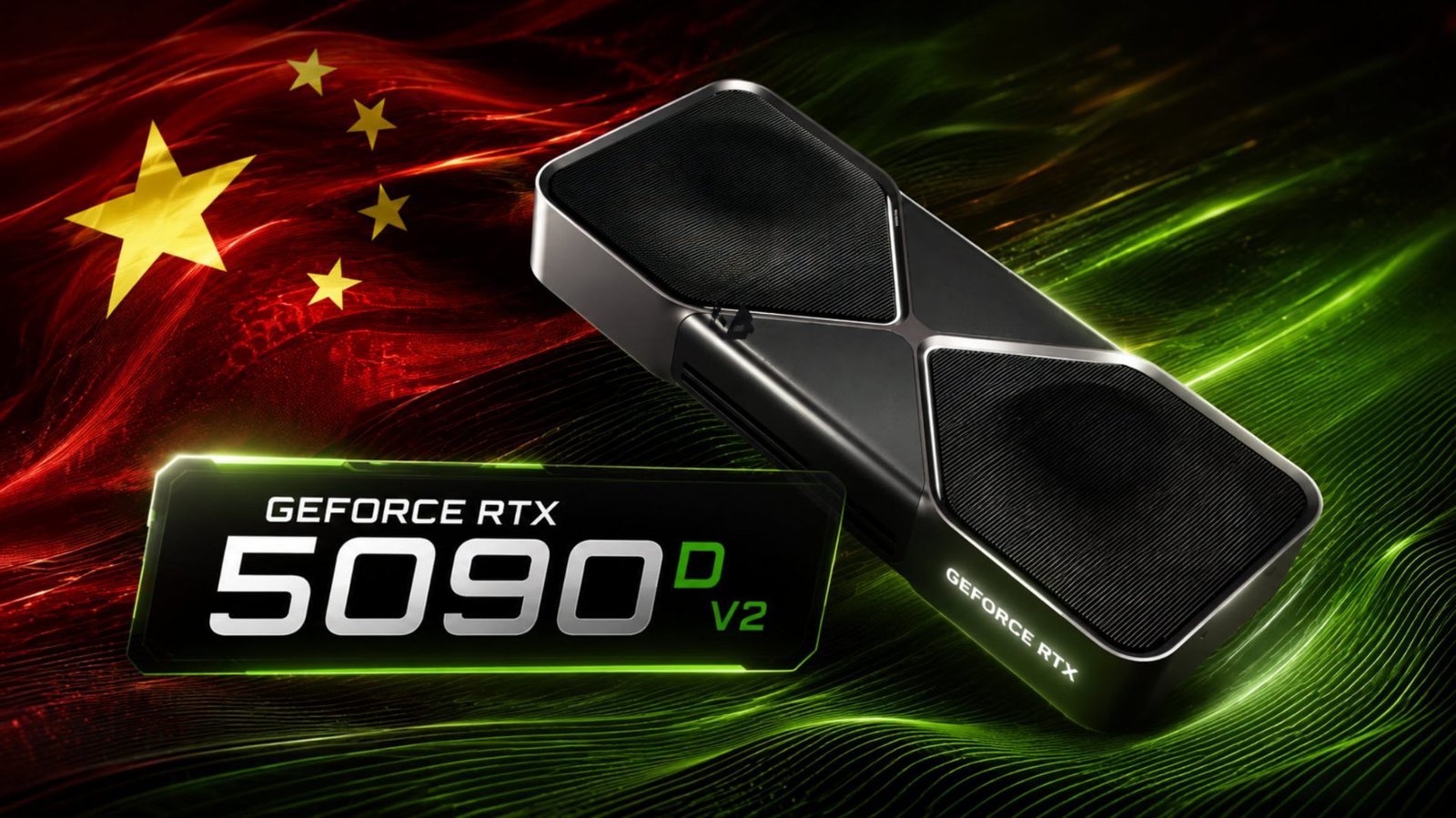 A close-up of the NVIDIA RTX 5090 D v2 GPU, with its advanced architecture and features on full display, highlighting the potential impact of China's ban on the gaming industry