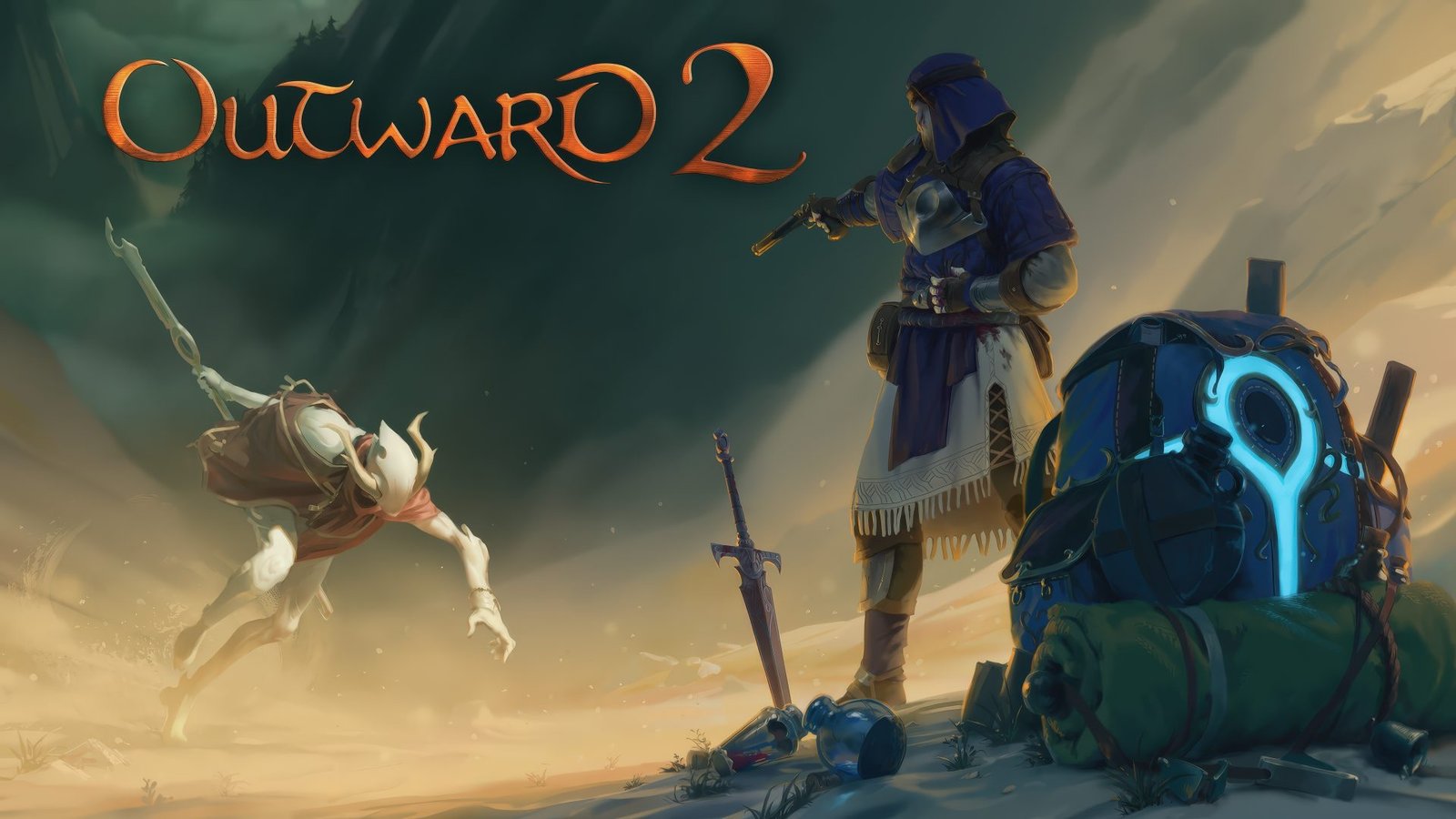Outward 2 gameplay screenshot showing a character exploring a vast open world with a sword and shield, set in a fantasy realm with a rich history and lore, available on Steam in the UK
