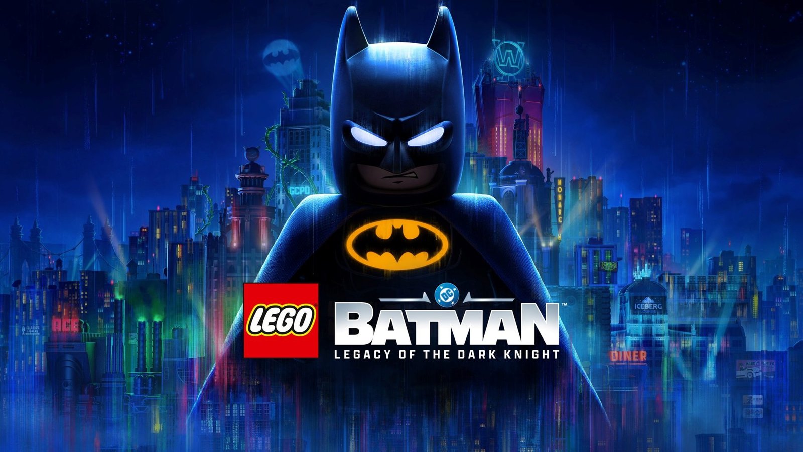 LEGO Batman: Legacy of the Dark Knight featured image, showcasing the open-world of Gotham City with Batman and Robin in action, with a cityscape background and a hint of the Joker's presence, in the UK