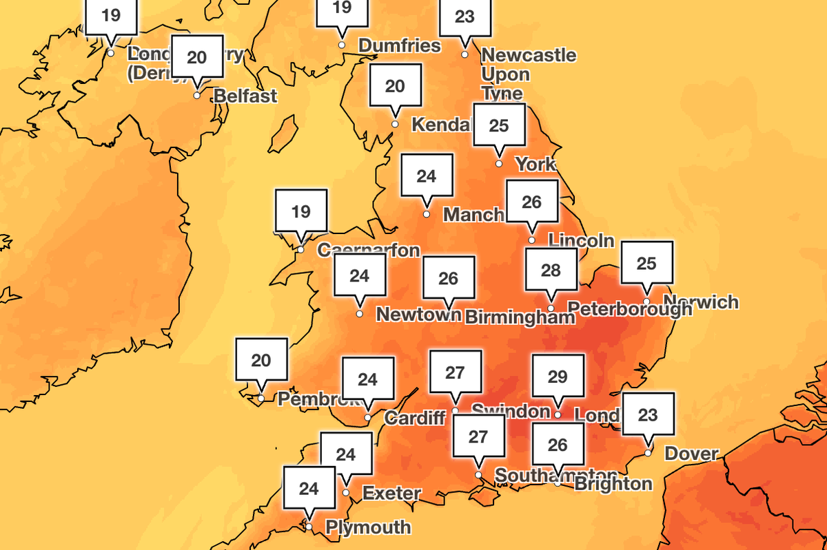 Temperature map of the UK showing areas where temperatures will reach above 30C during the heatwave, with a blue sky and sunshine in the background, highlighting the perfect weather for outdoor activities
