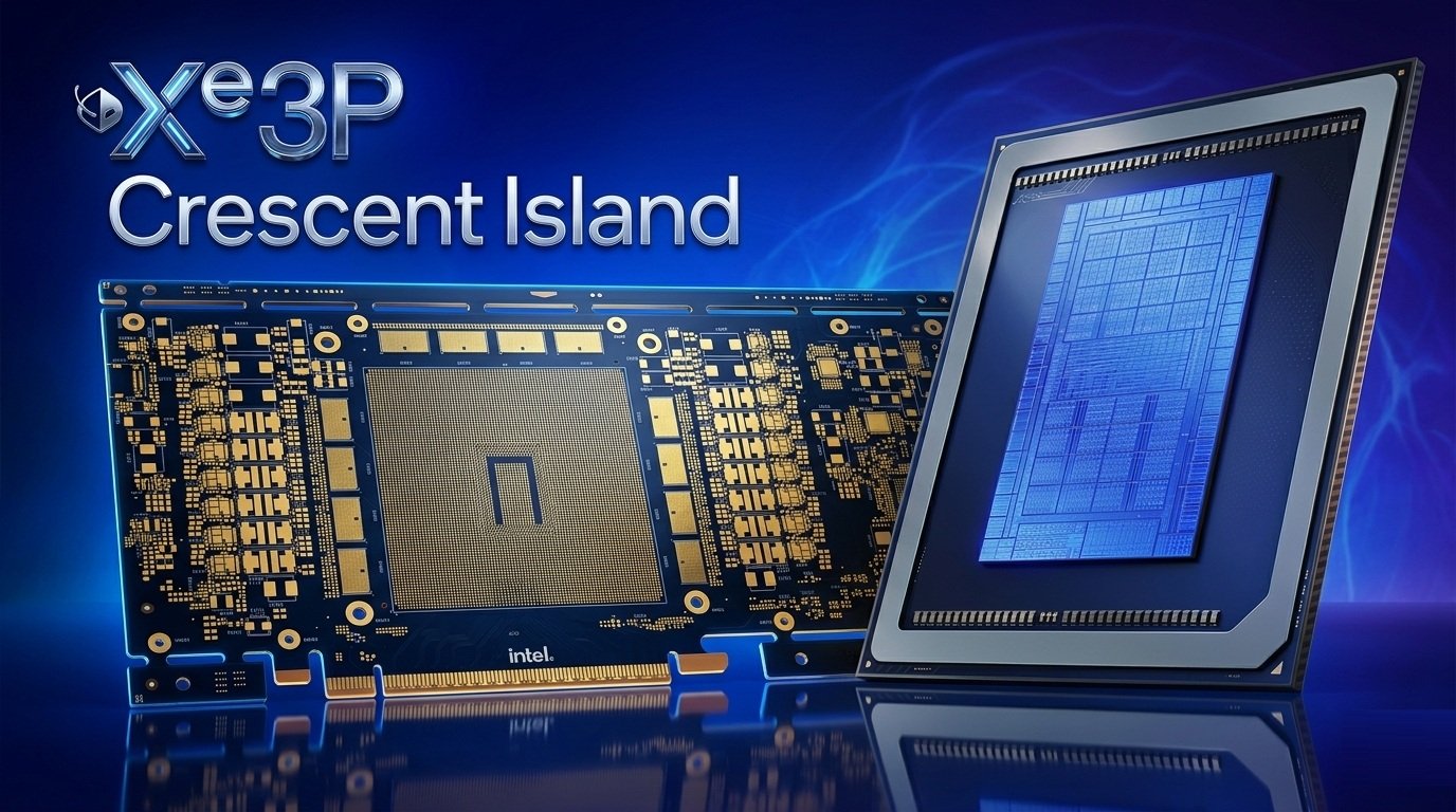 Image of Intel's Crescent Island PCIe graphics card, showcasing a massive Xe3P GPU, 16-pin connector, and 20 LPDDR5X modules, designed for AI workflows and inference accelerator tasks, with a focus on competitive value and high-performance capabilities