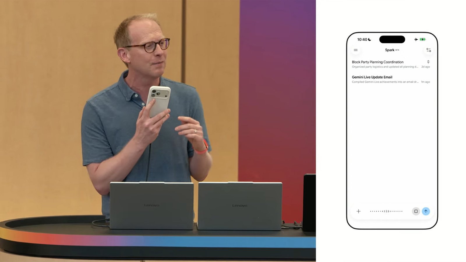 A photo of an iPhone 17 Pro being used to demo Gemini Spark, with a surprised crowd in the background, highlighting the unusual choice of device in the UK