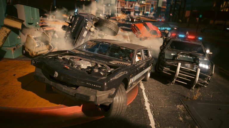 A screenshot of Cyberpunk 2077 running on the PS5 with path tracing, showing a cityscape with detailed lighting and reflections, demonstrating the console's capabilities in the UK