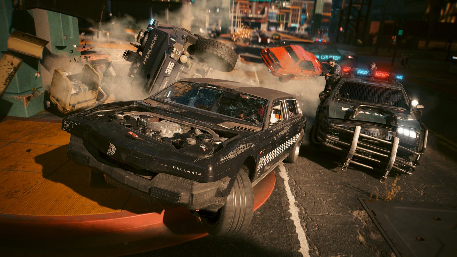 A screenshot of Cyberpunk 2077 running on the PS5 with path tracing, showing a cityscape with detailed lighting and reflections, demonstrating the console's capabilities in the UK