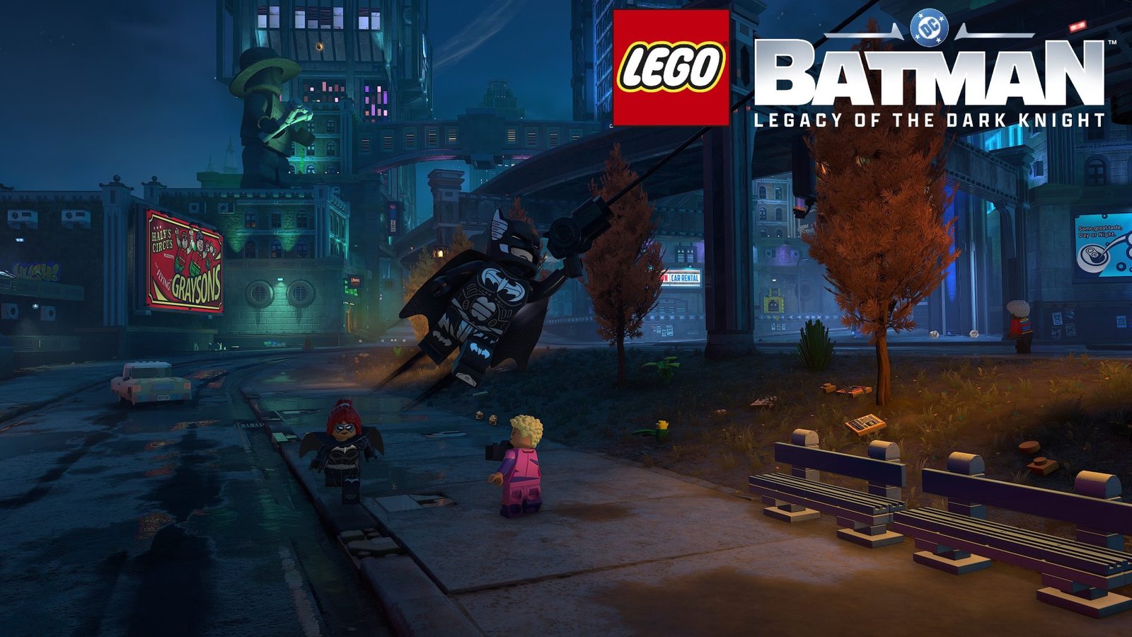 LEGO Batman gliding through Gotham City with a focused expression, showcasing the Focused Maneuvers skill in action, set in the UK