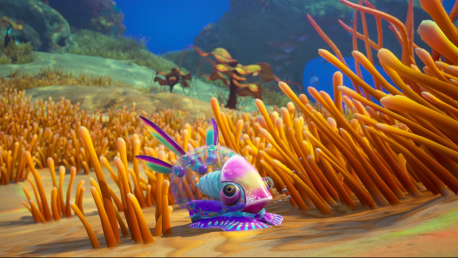 A screenshot of Subnautica 2, showing a player character swimming through a colourful underwater landscape, surrounded by exotic sea creatures, with a school of predatory fish lurking in the distance, highlighting the need for effective mitigation tools in the game