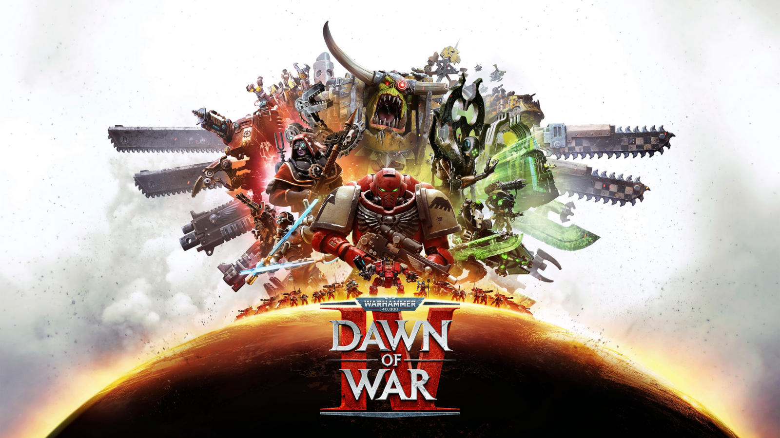 Warhammer 40K: Dawn of War IV gameplay screenshot, showing a battle between two factions in a grim darkness, with the Imperium of Man's logo in the background, set in the UK's favourite sci-fi setting