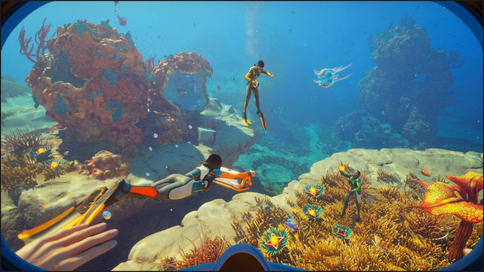 Subnautica 2 gameplay screenshot, showing a player exploring an underwater ocean with a variety of sea creatures and colourful coral, with the primary keyword Subnautica 2 featured prominently