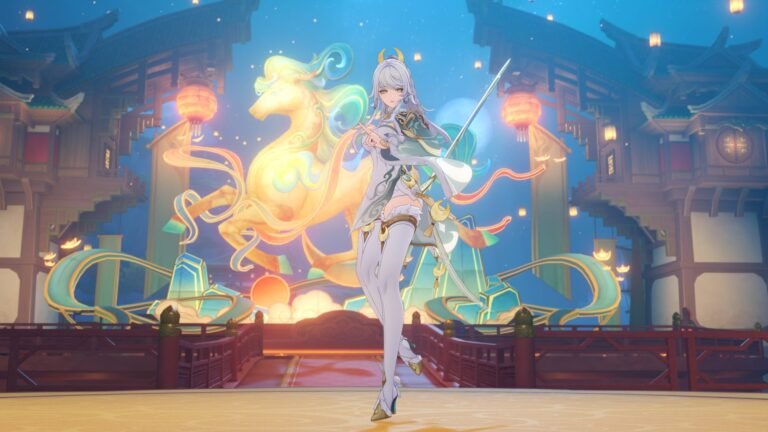 Genshin Impact gameplay screenshot with characters and open world environment, showcasing the game's vibrant colour and detailed behaviour, with a Nintendo Switch 2 console in the background