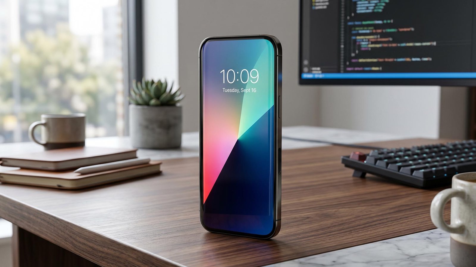 Apple's iPhone 20 featuring a futuristic design with a large display and sleek body, showcasing the device's innovative features and sleek aesthetics in the UK