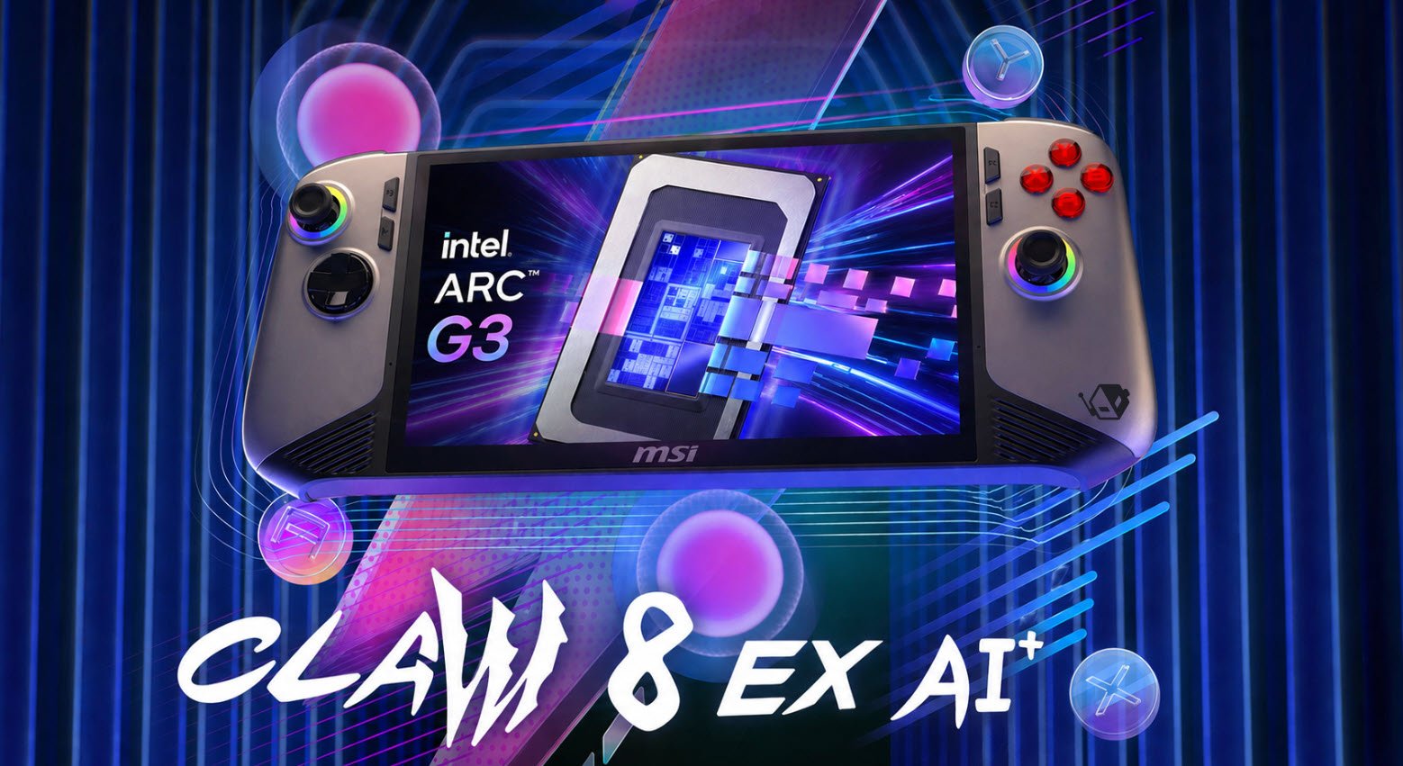 The MSI Claw 8 EX AI+ gaming handheld device, featuring a large screen and sleek design, with the Arc G3 Extreme chip and AI-powered technology for enhanced gaming performance in the UK