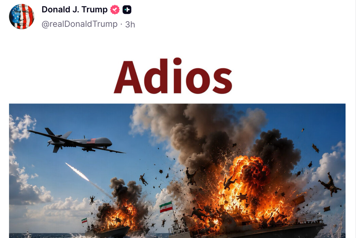 Donald Trump sitting at a desk with a laptop, surrounded by screens displaying his Truth Social posts, including a picture of Obama in prison and an AI-generated image of Iranian ships being bombed, highlighting the bizarre content he has been sharing on the platform