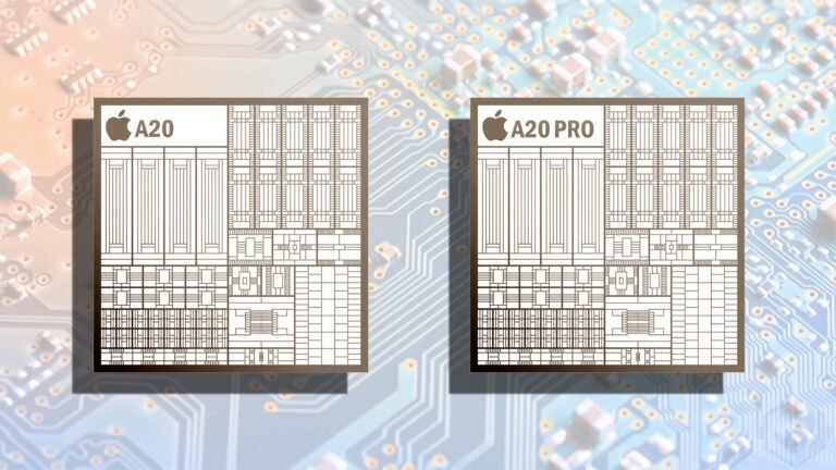 Apple's A20 and A20 Pro chips with 2nm process for improved battery life and efficiency in the UK, featuring a close-up of the chip's design and the Apple logo