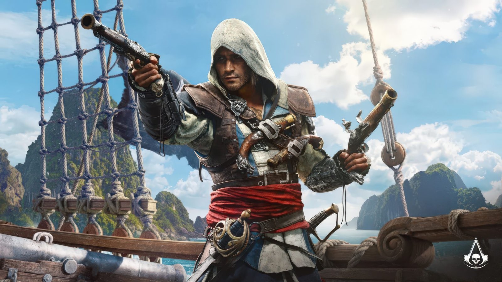 Assassin's Creed Black Flag Resynced featured image, showcasing Edward Kenway's pirate ship sailing through the Caribbean, with a focus on the game's colourful and immersive world, and the primary keyword of pirate exploration