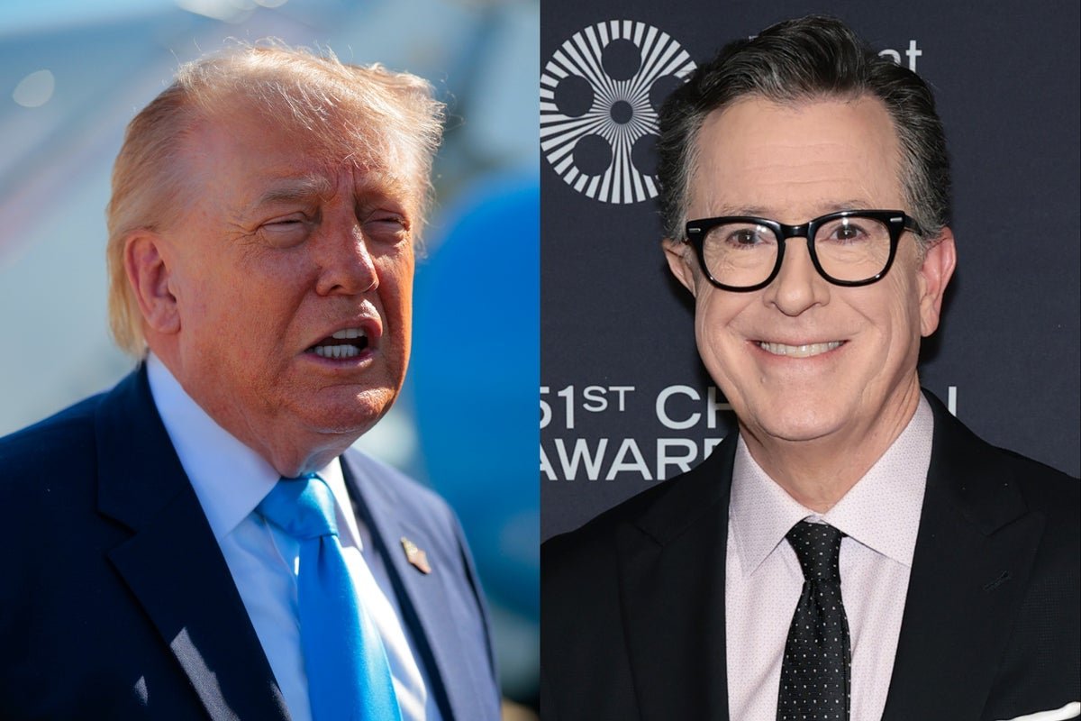 Donald Trump and Stephen Colbert, two figures at the centre of a surprising warning that has sparked curiosity and anticipation among fans, with a background colour that reflects the excitement and speculation surrounding the show's finale