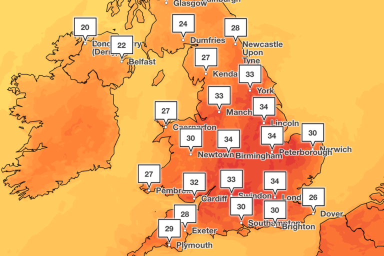 A map of the UK showing the areas expected to be affected by the heatwave, with temperatures reaching up to 35C in some areas, highlighting the need for sun protection and staying hydrated
