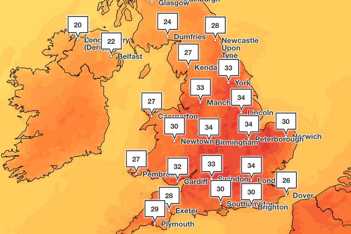 A map of the UK showing the areas expected to be affected by the heatwave, with temperatures reaching up to 35C in some areas, highlighting the need for sun protection and staying hydrated