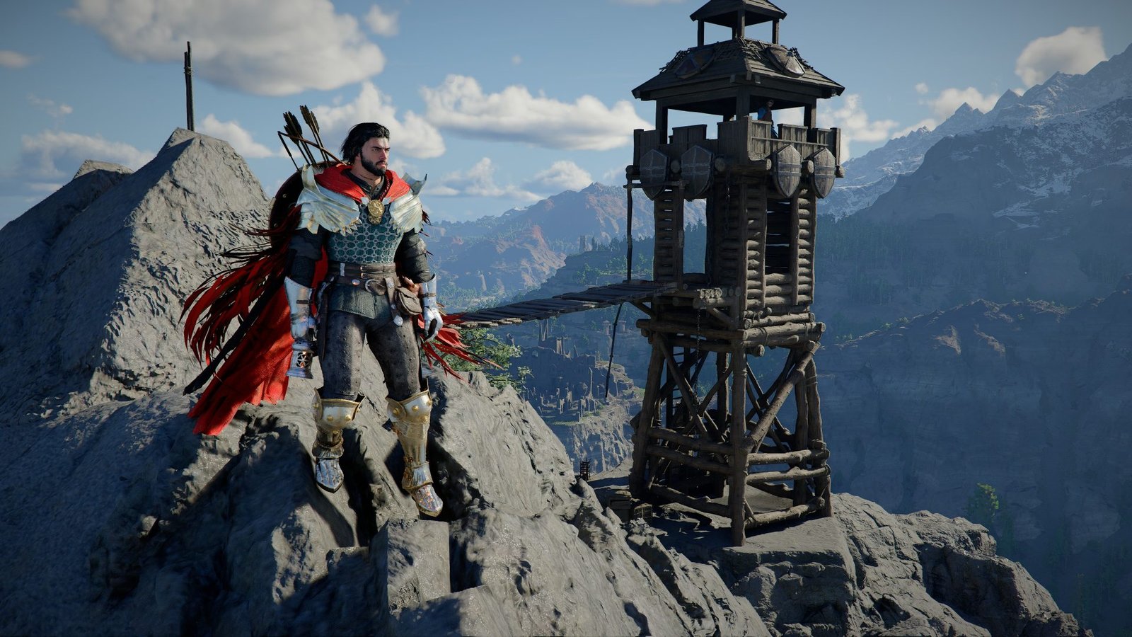 A screenshot of the new tool equipment slot in Crimson Desert, showcasing the game's stunning visuals and immersive gameplay, with a pet baby wyvern by the player's side, set against the backdrop of a beautiful UK-inspired landscape