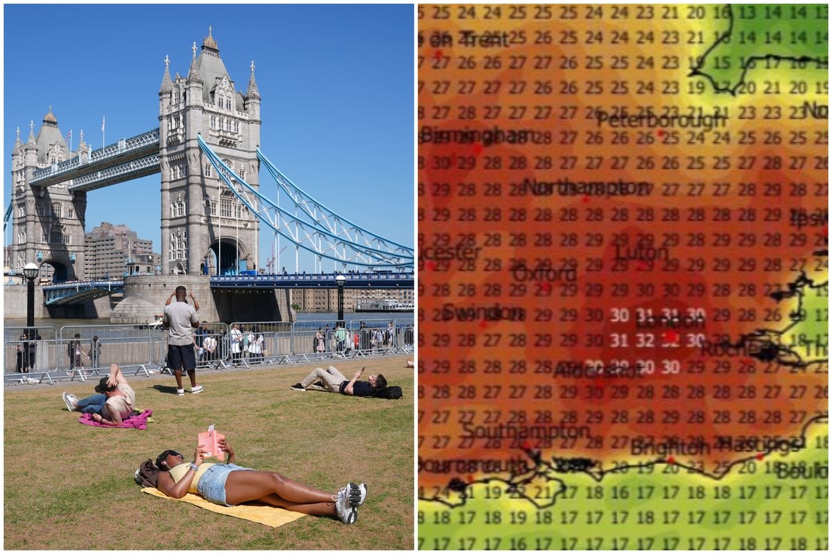 A descriptive image of a person staying cool in the shade, with a fan and a glass of water, during the UK heatwave, with a temperature gauge in the background showing nearly 40C, highlighting the primary keyword phrase 'UK heatwave'