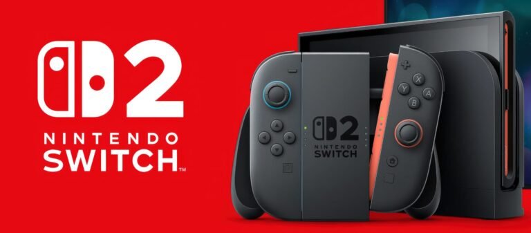 The Nintendo Switch 2 console and its accessories, with a group of friends playing games together in the background, highlighting the console's social and multiplayer features, with a focus on the UK gaming market