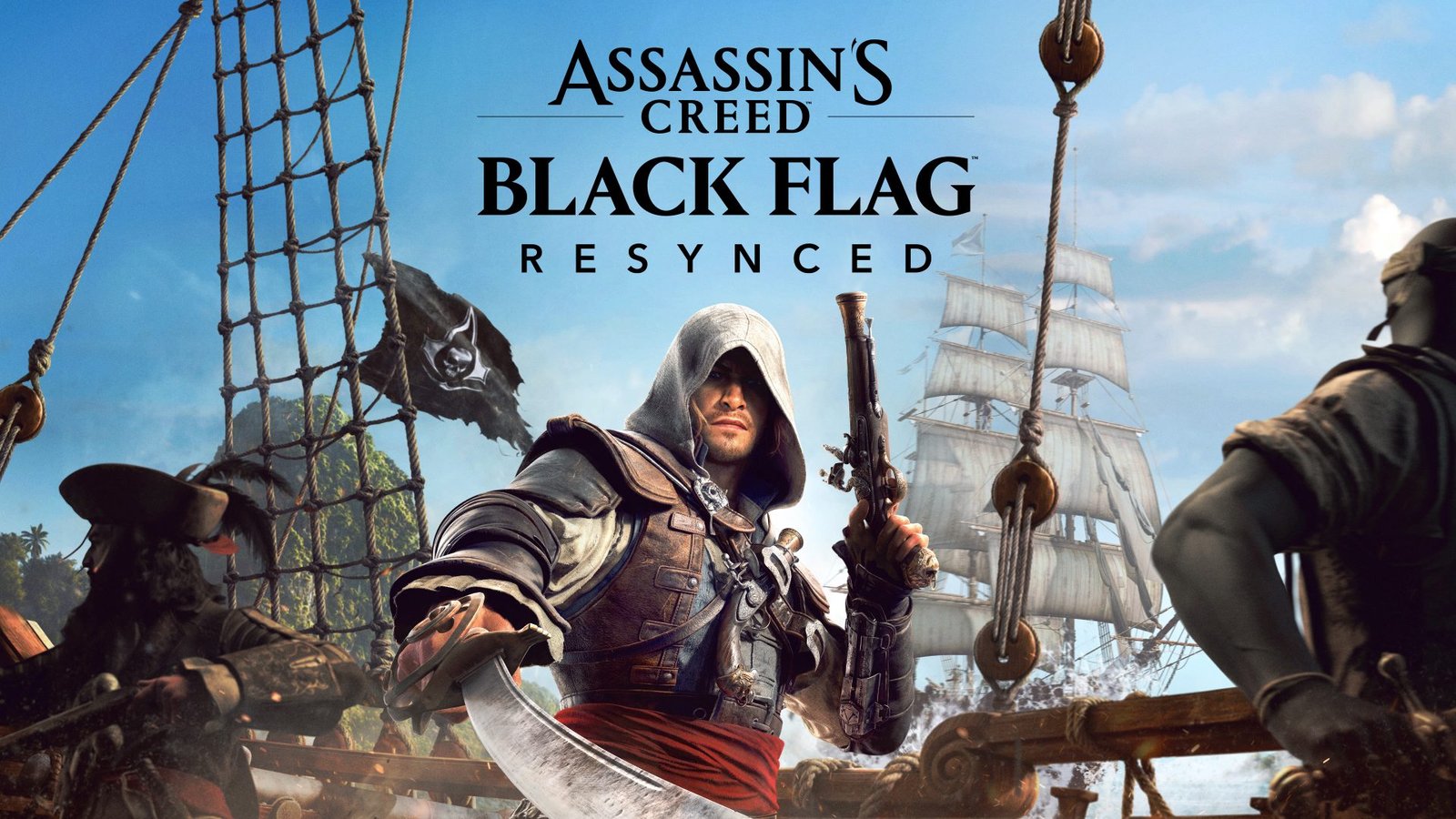 Assassin's Creed Black Flag Resynced featured image, showcasing Edward Kenway in a pirate ship, with a beautiful Caribbean landscape in the background, highlighting the game's stunning graphics and immersive gameplay, set in the UK's favourite pirate era