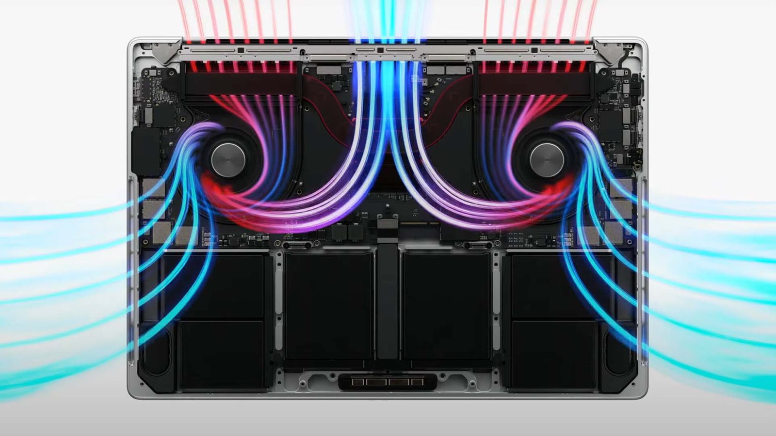 A close-up of the vapour chamber cooling system in the new 14-inch M6 MacBook Pro, with a colourful background to represent the device's enhanced colour accuracy and vibrant display