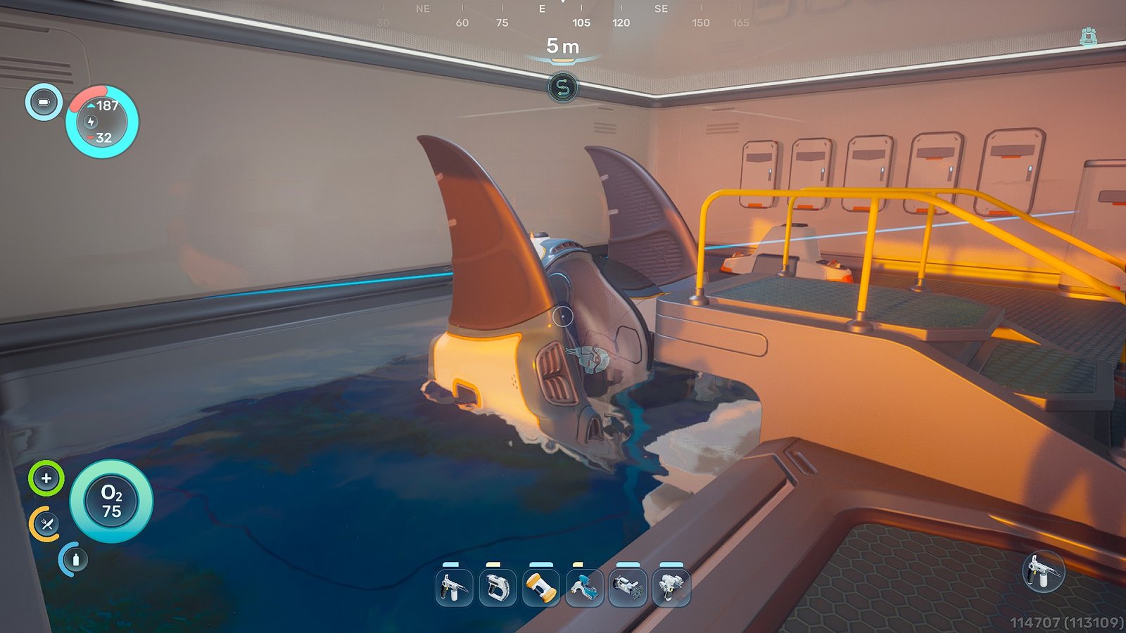 A Subnautica 2 player crafts their first Tadpole, a futuristic underwater vehicle, with a colourful ocean landscape in the background, showcasing the game's vibrant colour palette and immersive gameplay, with a focus on the primary keyword, Subnautica 2