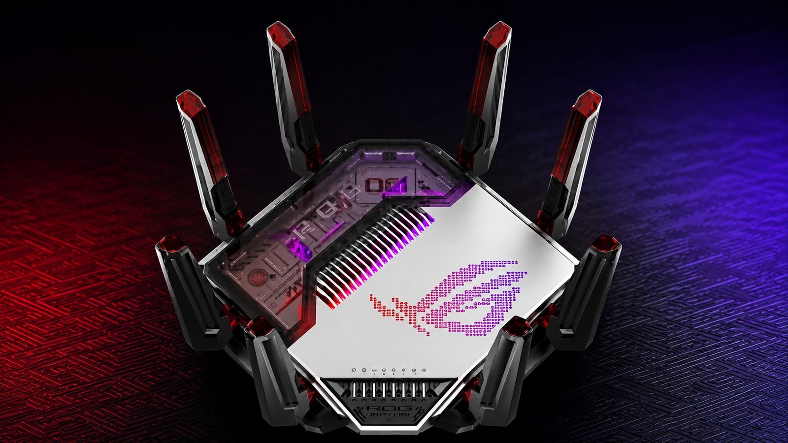 The ASUS ROG Rapture GT-BN98 Pro WiFi 8 router, featuring advanced technology for low-latency gaming, 8K streaming, and AI-powered homes, with a sleek and modern design, perfect for the UK's gaming and streaming community, with a focus on delivering unparalleled speed, reliability, and performance