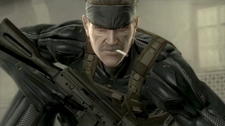 Metal Gear Solid 4 remaster screenshot showing Solid Snake in action, with reduced loading times, in the UK, giving a smoother gaming experience