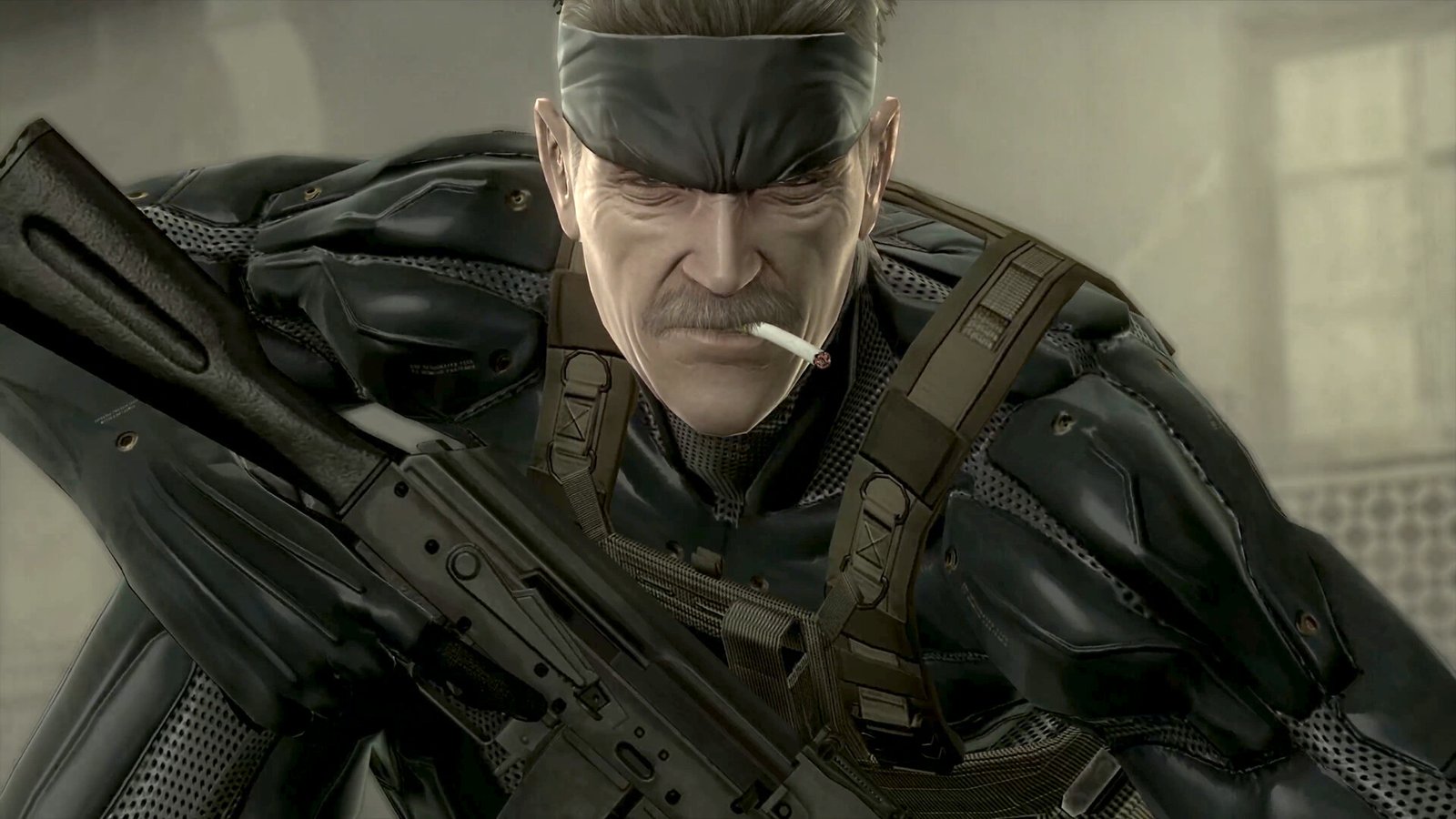 Metal Gear Solid 4 remaster screenshot showing Solid Snake in action, with reduced loading times, in the UK, giving a smoother gaming experience