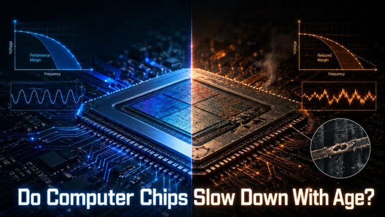 A close-up of a computer chip with a cityscape in the background, representing the intersection of technology and innovation in the UK, with a focus on silicon aging and computer chip performance