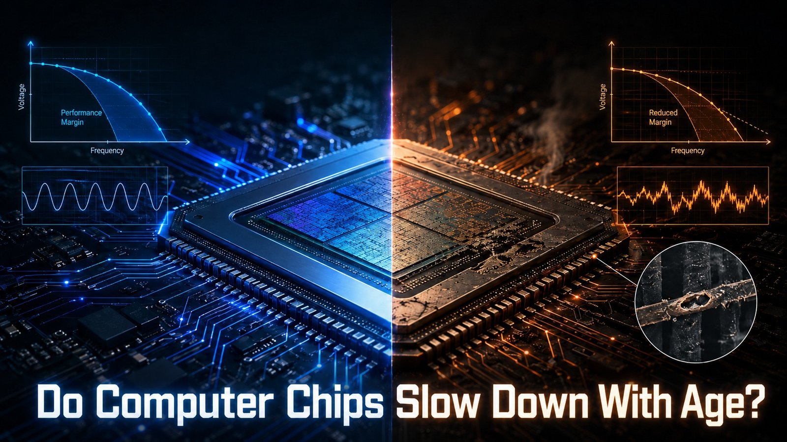 A close-up of a computer chip with a cityscape in the background, representing the intersection of technology and innovation in the UK, with a focus on silicon aging and computer chip performance
