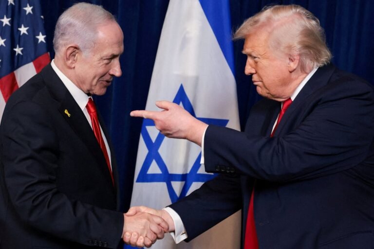 Israeli Prime Minister Benjamin Netanyahu and US President Donald Trump shake hands during a meeting, with a backdrop of Middle Eastern flags and a subtle hint of tension in the air, as the world watches their controversial relationship unfold.