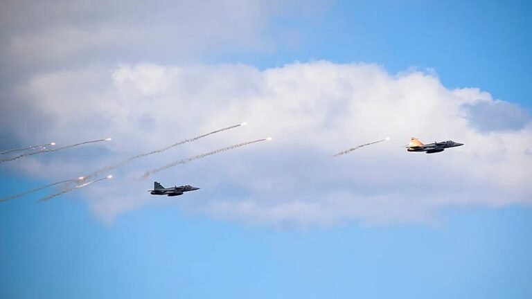 A formation of Gripen jet fighters in flight, showcasing their exceptional manoeuvrability and advanced technology, a testament to Sweden's donation of 16 jets to Ukraine, enhancing its defence capabilities and air power
