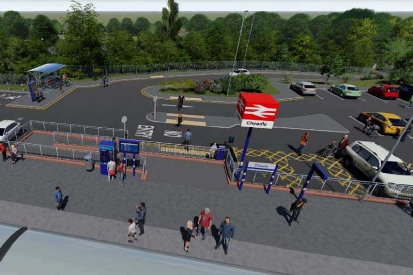 A descriptive image of a new train station in Stockport, featuring a modern design and efficient transportation links, with a train arriving at the station, highlighting the town's transportation upgrades and development, with a focus on Stockport train stations