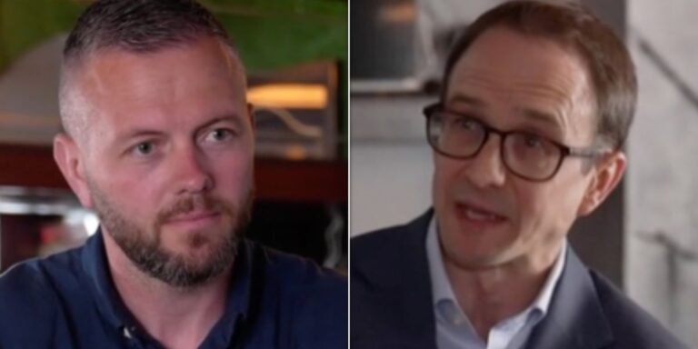 Chris Mason interviewing Reform's Makerfield candidate, with a stern expression, as the candidate looks defensive, the colour of his face changing as he responds to the questions about his social media behaviour