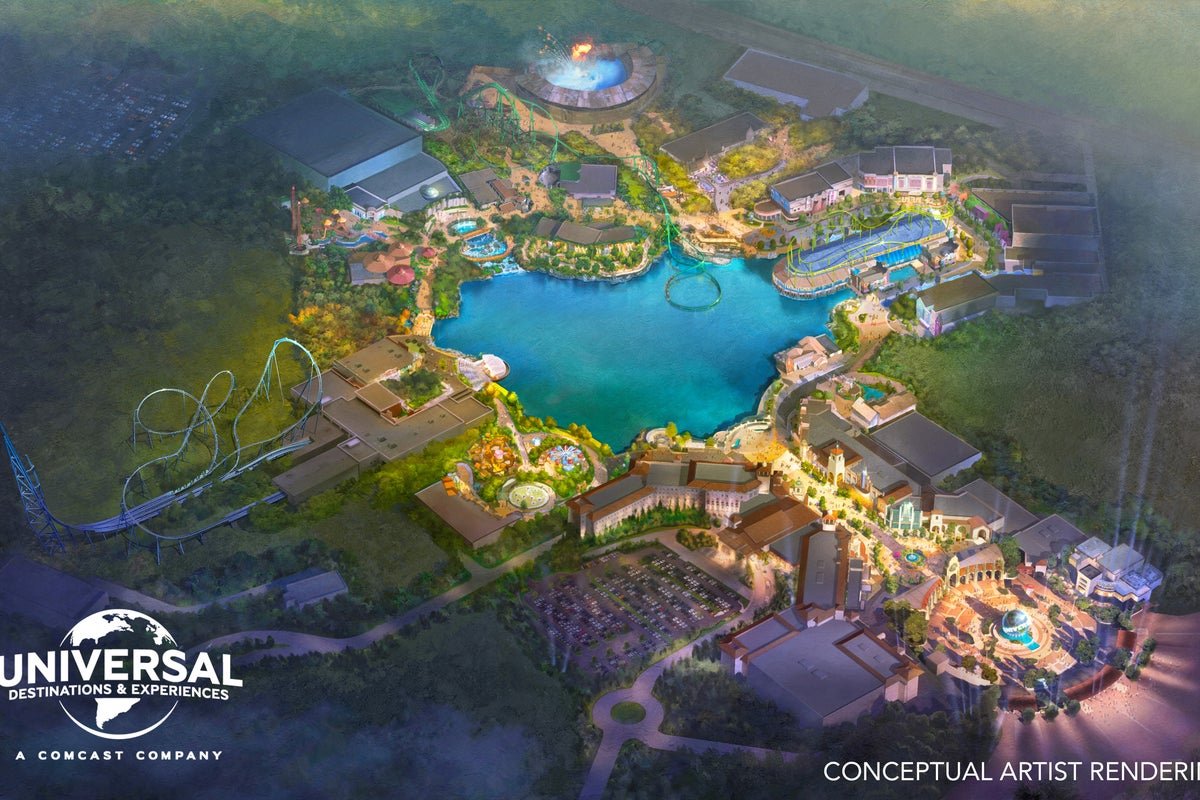 Aerial view of the proposed Universal theme park in Bedford, showcasing its spectacular design and layout, with a range of thrilling rides and attractions, including rollercoasters and water rides, set amidst a beautifully landscaped environment, with a focus on sustainability and environmental friendliness, featuring immersive experiences and live shows, and offering a range of dining and shopping options, catering to all tastes and budgets, and expected to attract millions of visitors and create thousands of jobs, with a significant impact on the local economy and community