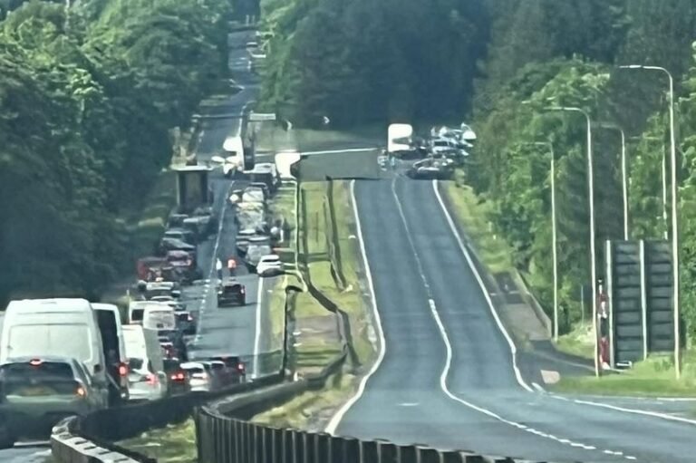 A1 crash scene with emergency services responding to a three-vehicle collision, a teenager suffering life-threatening injuries in the horrific incident on the notorious A1 route
