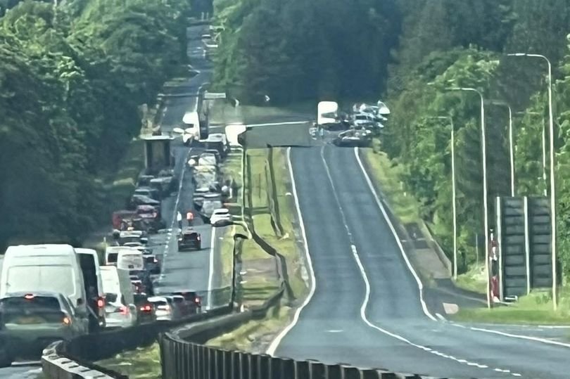 A1 crash scene with emergency services responding to a three-vehicle collision, a teenager suffering life-threatening injuries in the horrific incident on the notorious A1 route
