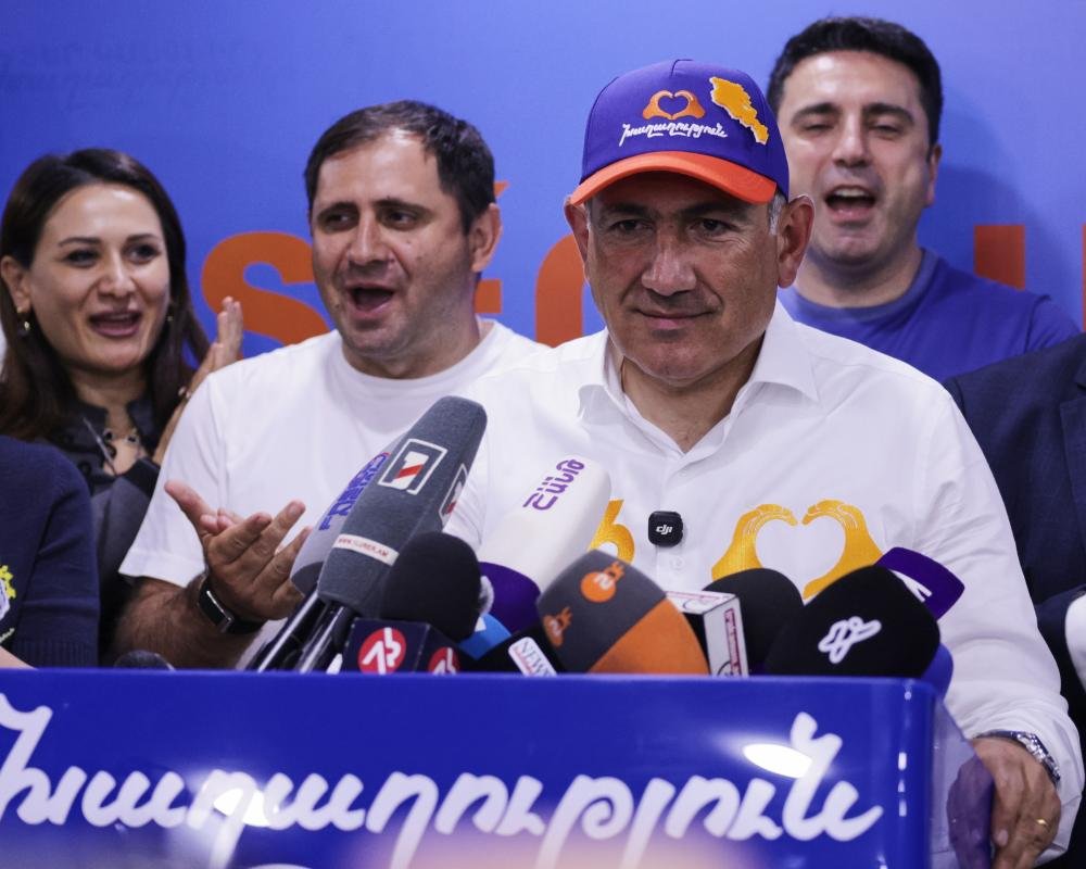 Armenia's pro-Europe party leader addressing supporters after election win, marking a new era in Armenian politics and a shift towards greater cooperation with Europe