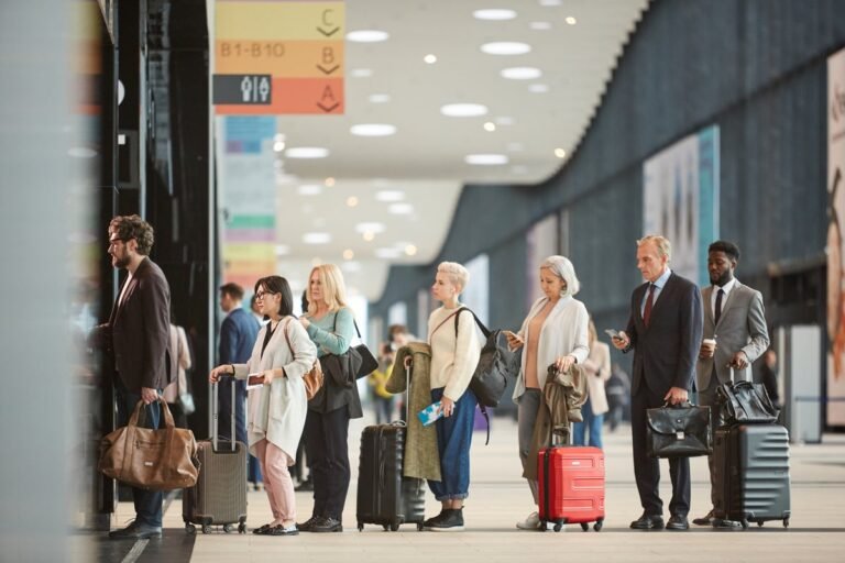 A long queue of people waiting at airport security checks, with a sign reading EU entry-exit checks in the background. The image highlights the impact of the new system on British travellers, with people looking frustrated and tired as they wait in line.