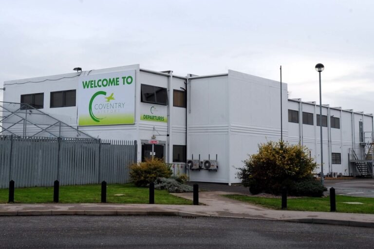 Conventry airport's empty terminal building, a testament to the airport's rich history and legacy as a major UK airport, with a faded sign reading 'Conventry Airport' in the foreground, symbolising the end of an era in UK aviation