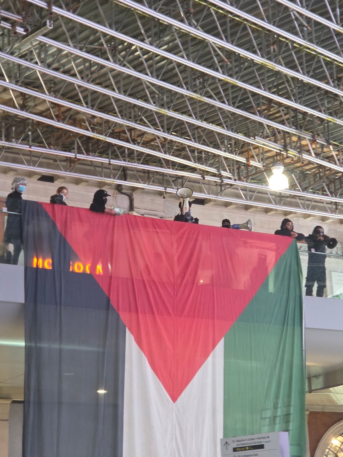 Pro-Palestine protesters holding signs and banners at Waterloo station, with a sea of people in the background, the atmosphere is tense but peaceful, the colours of the Palestinian flag are prominent, the protest is a powerful statement of solidarity, with a focus on Palestinian rights and the pro-Palestine movement