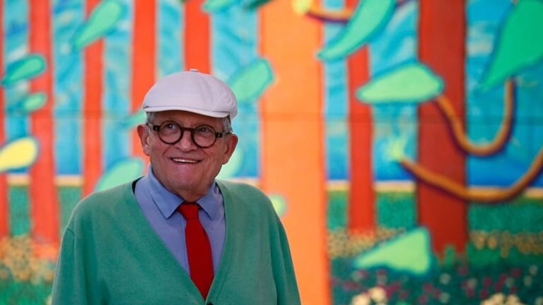 David Hockney sitting by a pool, surrounded by his vibrant paintings, a true reflection of his innovative and creative personality, with a mix of bold colours and geometric shapes, a hallmark of his unique style and behaviour as an artist
