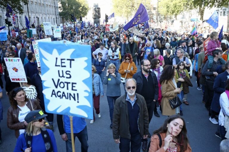 A crowd of people gathered outside the Houses of Parliament, holding signs that read 'Second Vote' and 'Reform Brexit', as the UK considers revisiting its decision to leave the EU, with a primary focus on the Brexit process