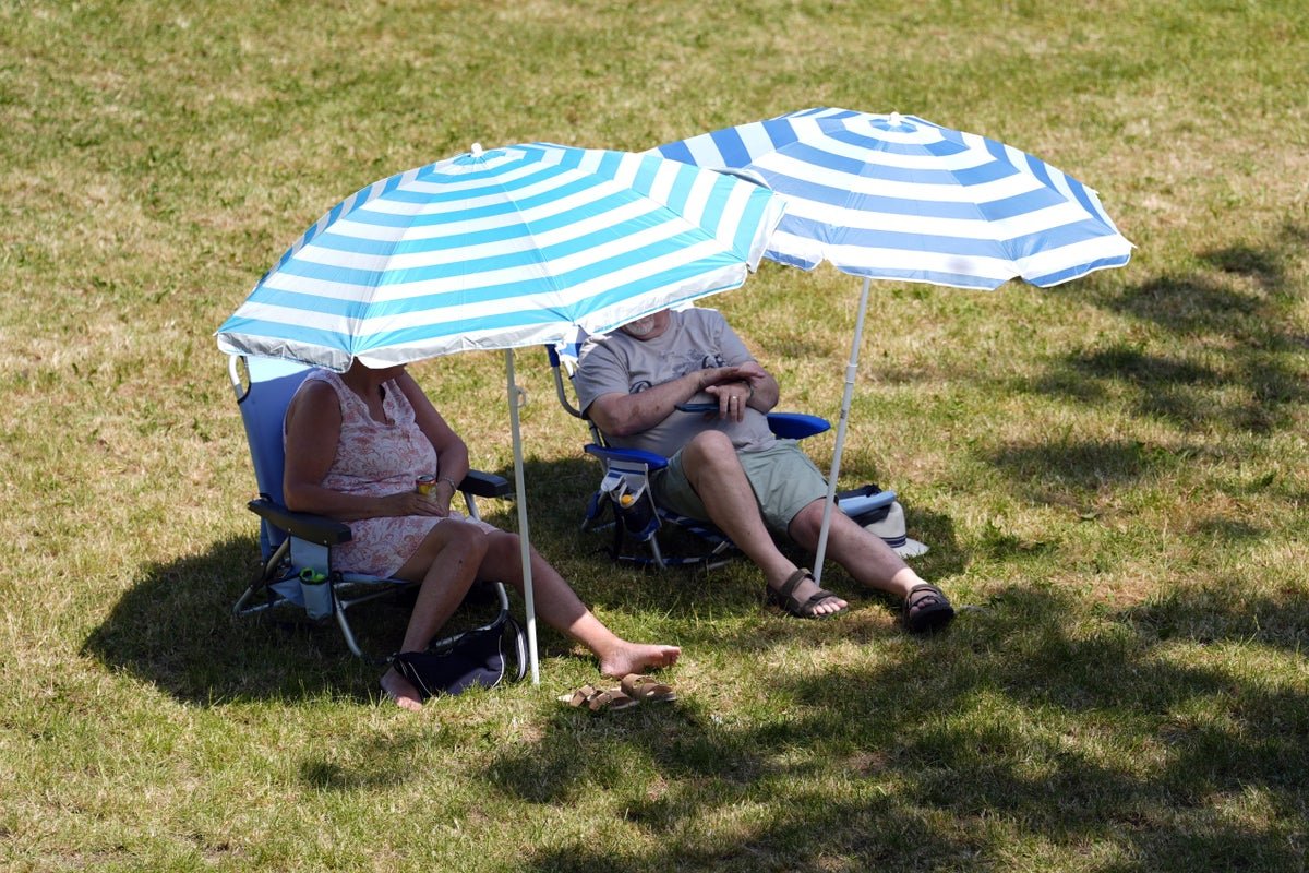 A scenic view of a sunny day in the UK, with people enjoying the warm weather in a park, as the country prepares for a heatwave with temperatures set to soar