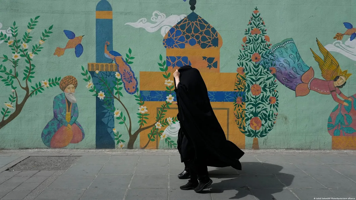 Iranian landscape with a flag, symbolising the country's complex situation and the need for peaceful conflict resolution, with the international community playing a crucial role in supporting the peace process