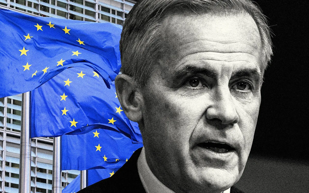 Mark Carney speaking at the European summit, surrounded by world leaders, discussing global economic issues and the future of international trade, with a mix of serious and concerned expressions on their faces, as they analyse the implications of their decisions